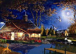 美丽山村夜景装饰画