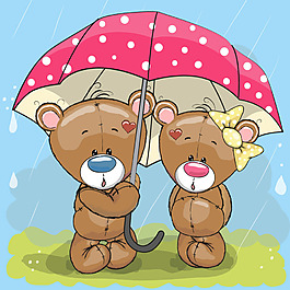 雨傘下躲雨的兩只小熊