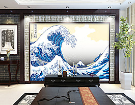 手繪海浪背景墻