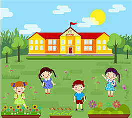 可愛小學生學校素材