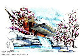 花朵流水景觀圖