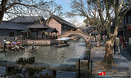 建筑湖泊景觀圖
