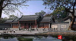 景區(qū)建筑湖泊景觀圖