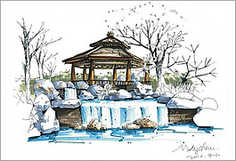 公园亭子小河景观