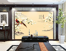 牡丹鳥兒背景墻