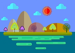 自然风光背景彩色卡通插画
