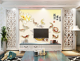 金色金魚花卉背景墻