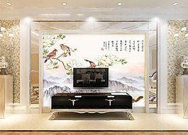 鳥兒山水背景墻