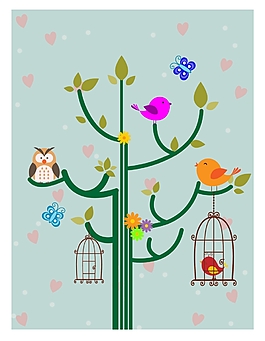 鳥兒在樹枝插畫