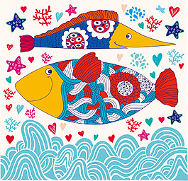 海洋元素與魚花背景矢量素材