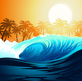 波浪與棕櫚樹和太陽矢量背景素材