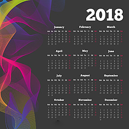 暗色底彩色波浪形2018日歷矢量素材