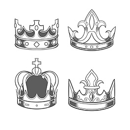 四個(gè)寫實(shí)素描風(fēng)格矢量皇冠圖標(biāo)