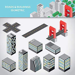 等距道路建筑物矢量设计素材