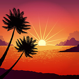 夕阳与棕榈树设计背景