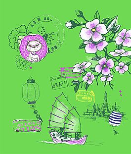 花卉船只背景圖案素材