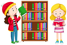 两个女孩在图书馆看书插图