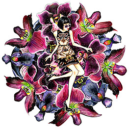 紫色花叢女裝設計圖
