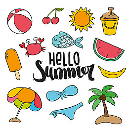 手绘不同的夏天元素插图