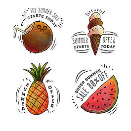 手繪水彩風格不同的夏天元素圖標