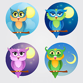 不同的扁平風格圓形貓頭鷹圖標矢量素材