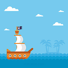 手绘海盗船蓝色背景