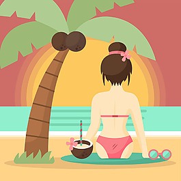 沙灘椰樹下坐著的女孩背景