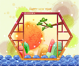 中國風幾何窗戶日出背景