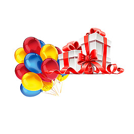 彩色气球和彩带礼品盒