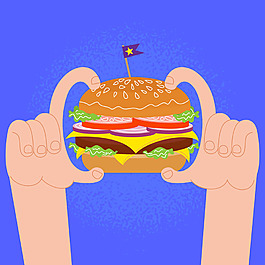 雙手與美味的漢堡背景