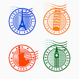 各种不同颜色的圆形城市邮票