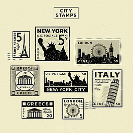 复古风格不同的城市邮票