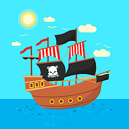 手繪海盜帆船大海藍天背景
