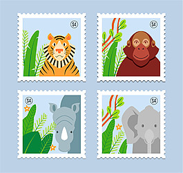 4款創意動物郵票矢量素材