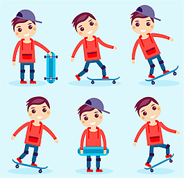 6款卡通玩滑板的男孩矢量素材