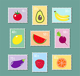 9款創意蔬菜水果郵票矢量素材