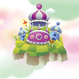 卡通懸空島城堡樹葉白云
