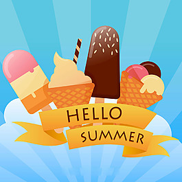 你好夏天冰淇淋插圖藍色背景