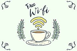 手绘风格咖啡杯无线免费wifi提示卡