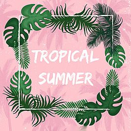 熱帶夏天主題棕櫚葉邊框粉紅色背景