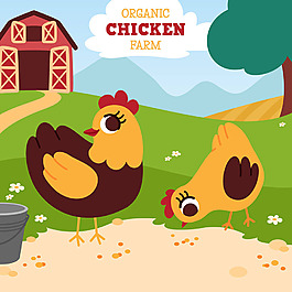 漂亮绿色农场房屋大树母鸡和小鸡吃食