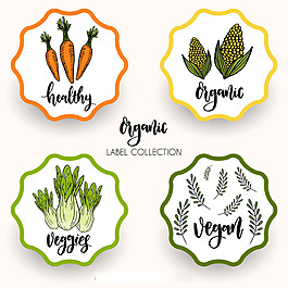 四个复古风格健康绿色食品贴纸标签