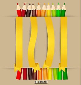 黄色彩带与彩色铅笔设计图