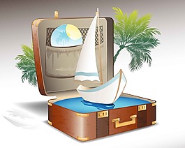 旅行箱里的帆船插画