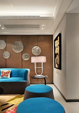 创意客厅蓝色沙发效果图