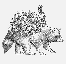 手繪背上開花的浣熊矢量