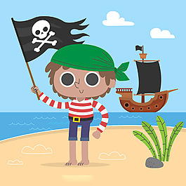 拿海盜旗的海盜男孩海盜船藍天沙灘背景