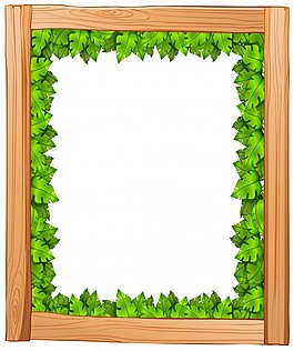 在白色背景下用木頭和綠葉做成的邊框圖案
