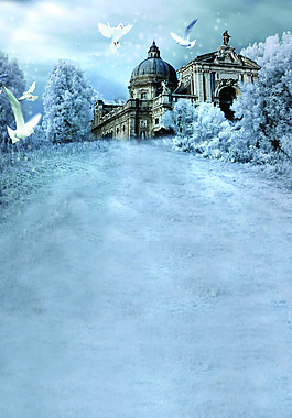 手绘蓝色城堡背景