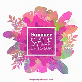 夏季銷售背景與彩色樹葉在水彩畫風格